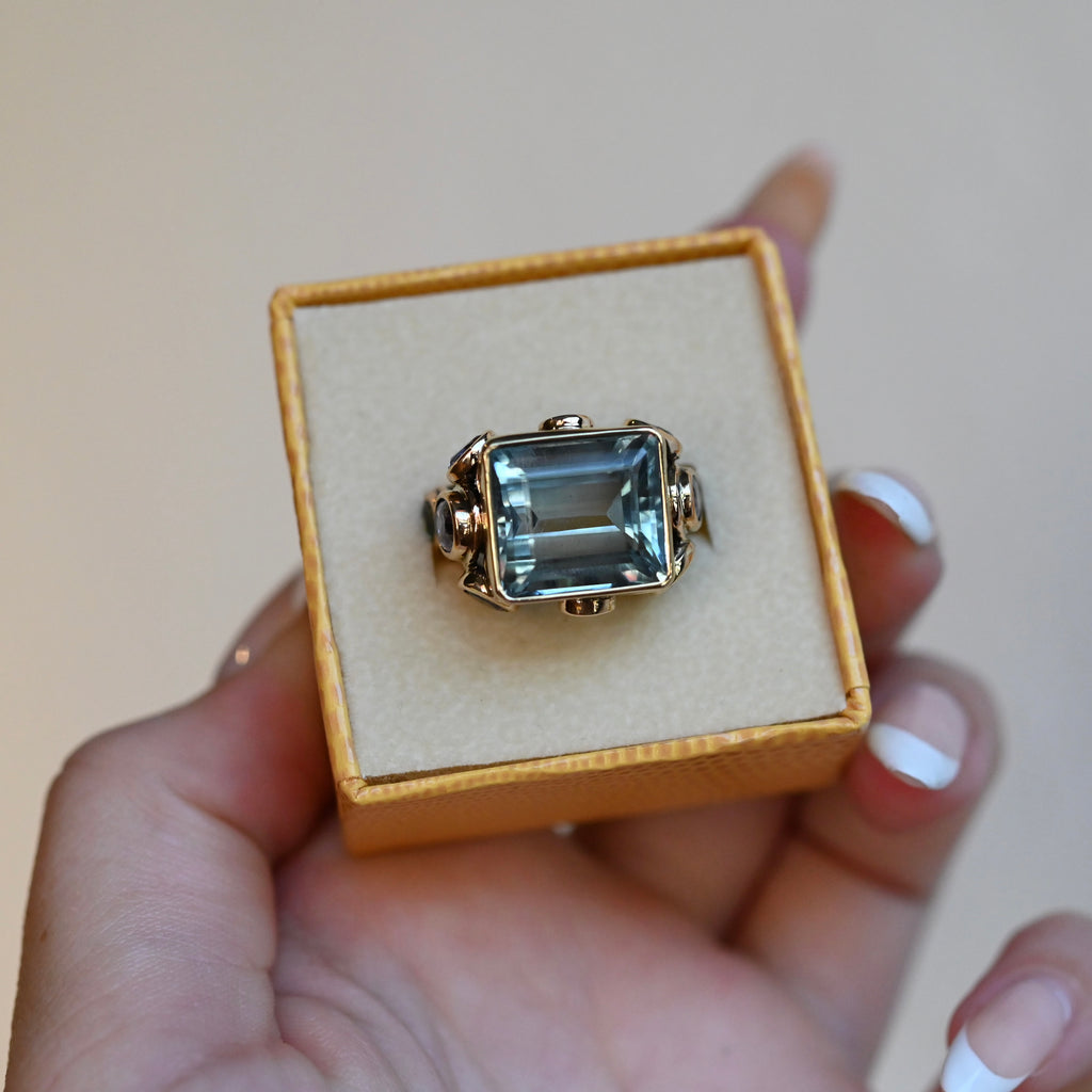 14k Gold Chunky Aquamarine & Sapphire Cluster Ring - size 6.5 (sizable) - Ready to Ship