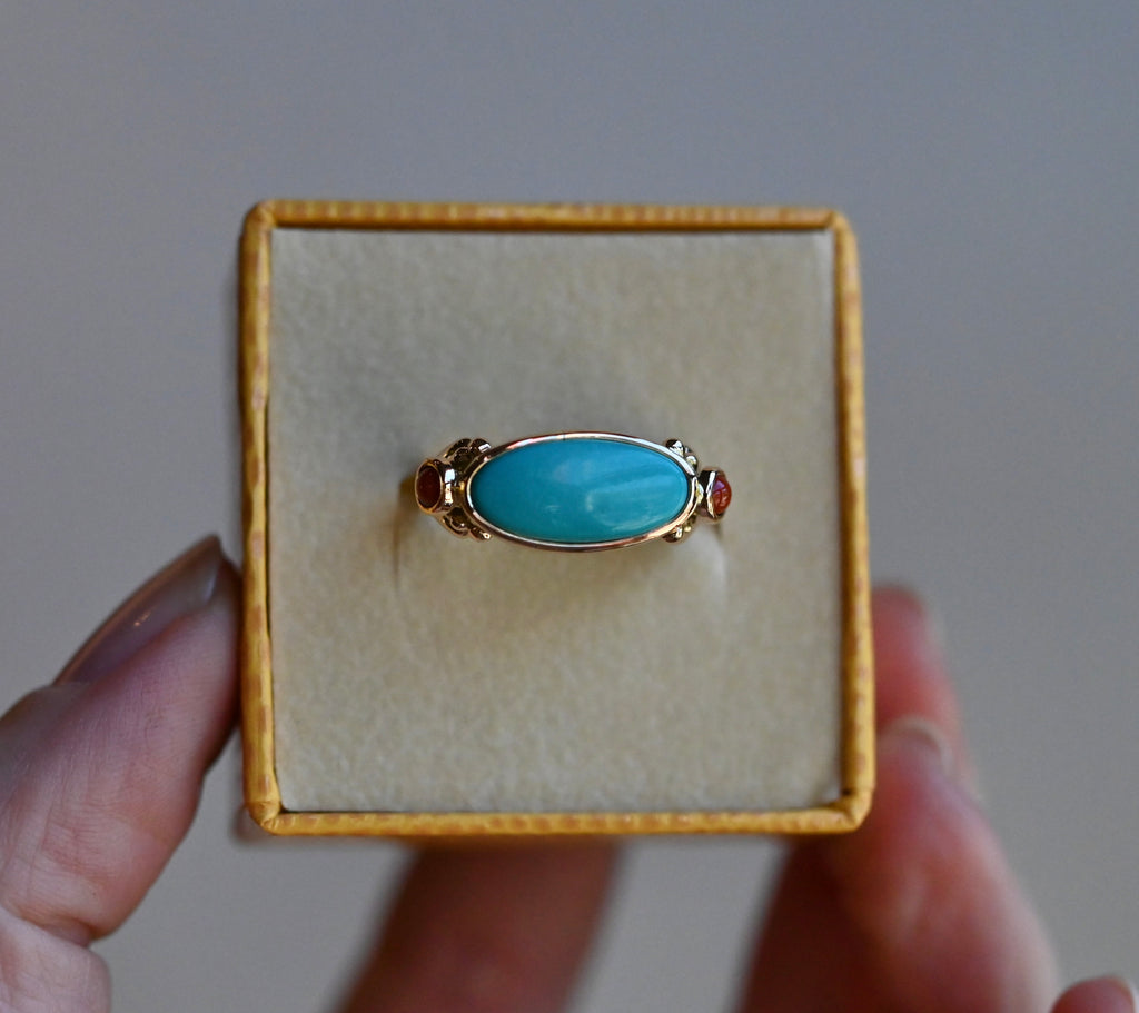 14k Gold Sleeping Beauty Turquoise & Coral Ring - size 6.75 (sizable) - Ready to ship