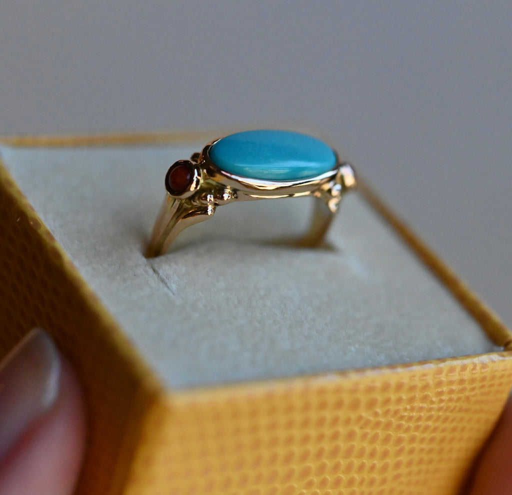 14k Gold Sleeping Beauty Turquoise & Coral Ring - size 6.75 (sizable) - Ready to ship