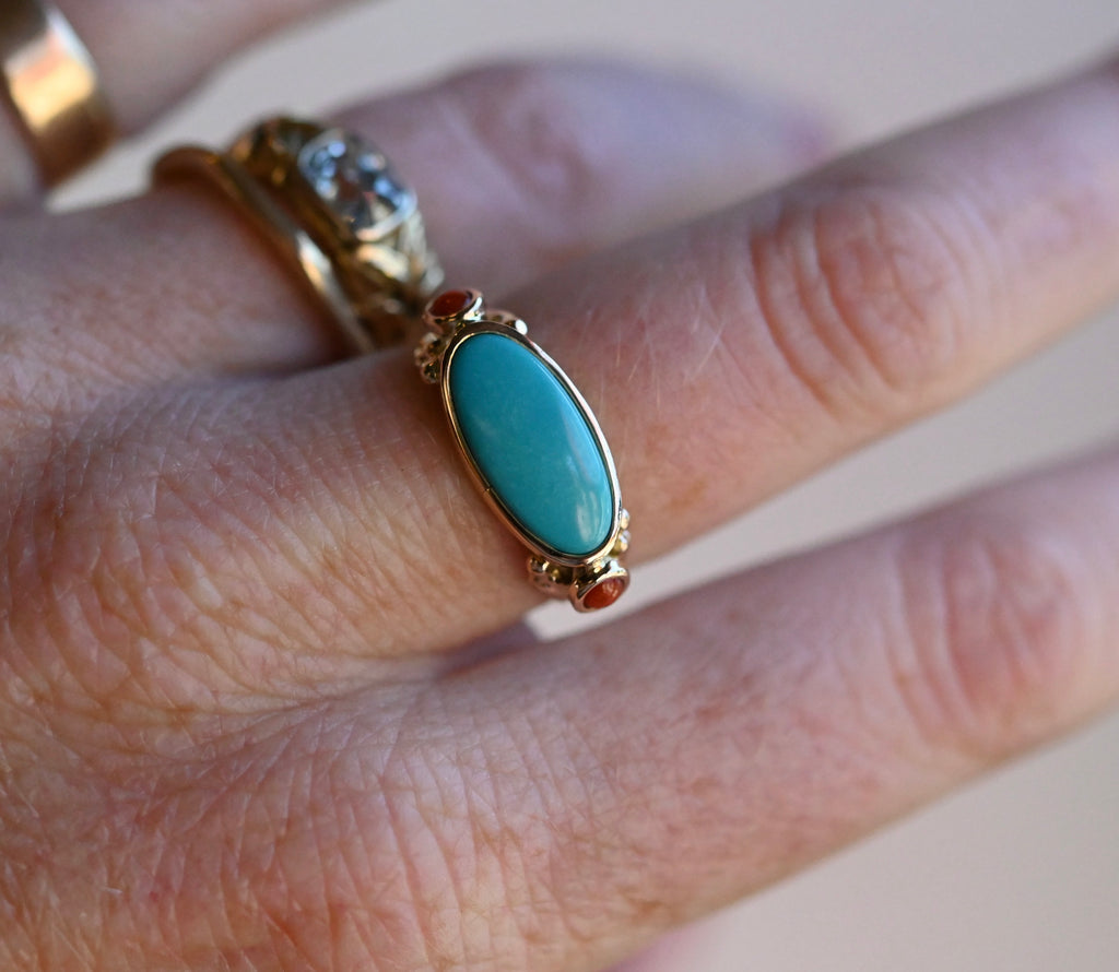14k Gold Sleeping Beauty Turquoise & Coral Ring - size 6.75 (sizable) - Ready to ship