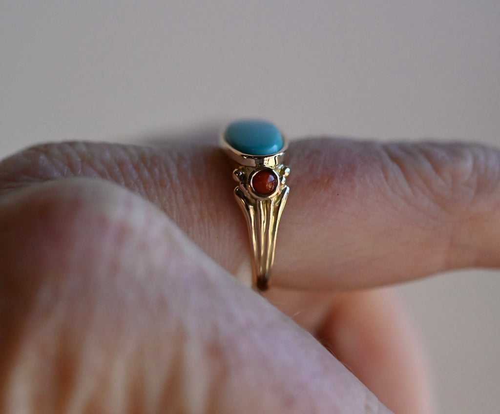 14k Gold Sleeping Beauty Turquoise & Coral Ring - size 6.75 (sizable) - Ready to ship