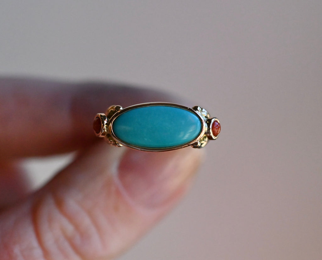 14k Gold Sleeping Beauty Turquoise & Coral Ring - size 6.75 (sizable) - Ready to ship