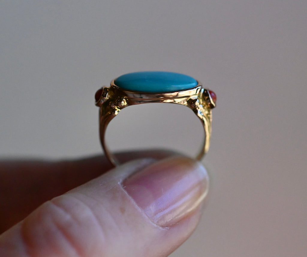 14k Gold Sleeping Beauty Turquoise & Coral Ring - size 6.75 (sizable) - Ready to ship