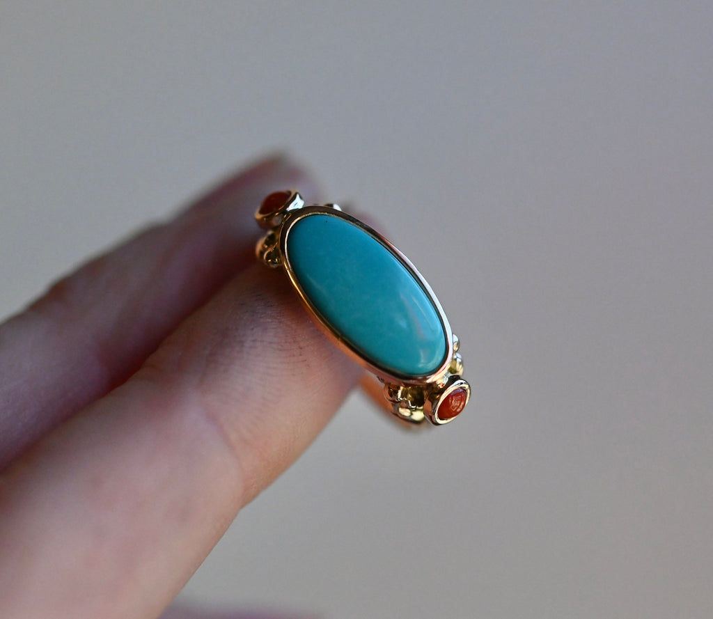 14k Gold Sleeping Beauty Turquoise & Coral Ring - size 6.75 (sizable) - Ready to ship
