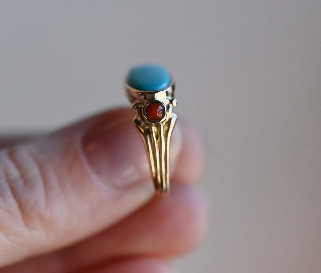 14k Gold Sleeping Beauty Turquoise & Coral Ring - size 6.75 (sizable) - Ready to ship