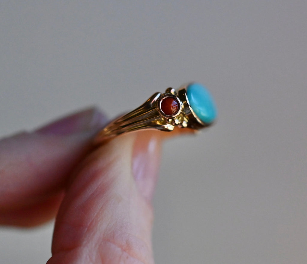 14k Gold Sleeping Beauty Turquoise & Coral Ring - size 6.75 (sizable) - Ready to ship