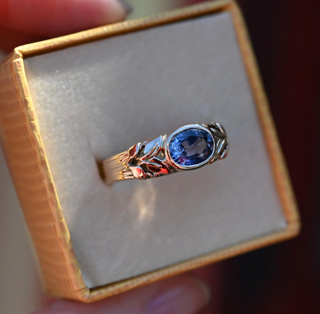 14k Gold 1.76ct Ceylon Sapphire Leaf Banner Ring - size 8.25 (sizable) - Ready to ship