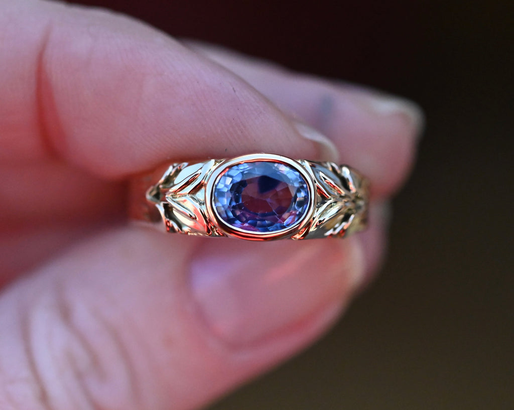 14k Gold 1.76ct Ceylon Sapphire Leaf Banner Ring - size 8.25 (sizable) - Ready to ship