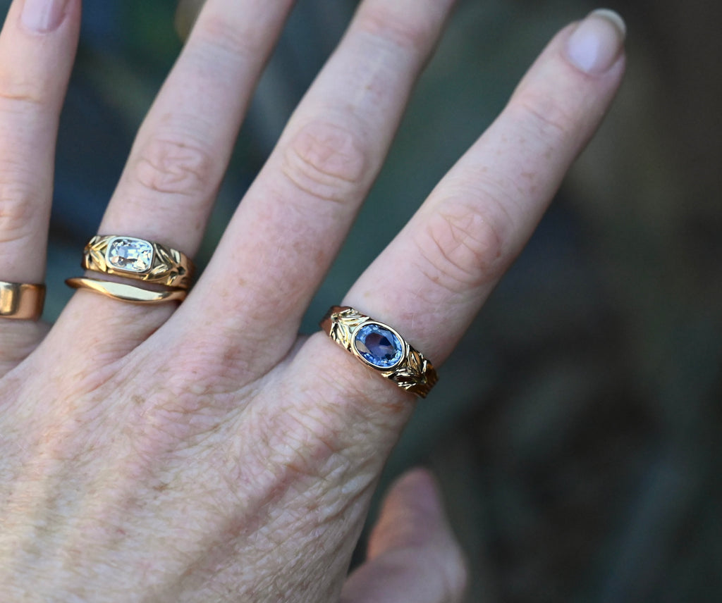 14k Gold 1.76ct Ceylon Sapphire Leaf Banner Ring - size 8.25 (sizable) - Ready to ship