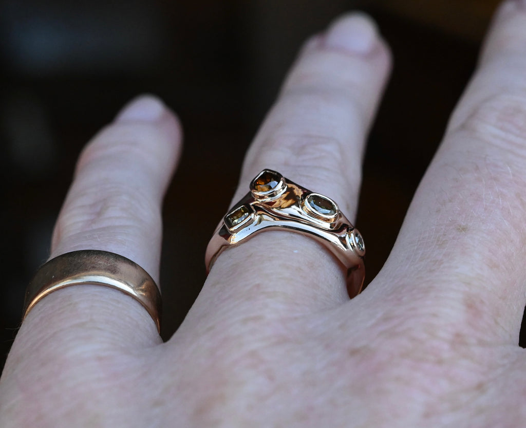 14k Gold Natural Diamond Bezel Ring Set - size 6.75 - Ready to ship