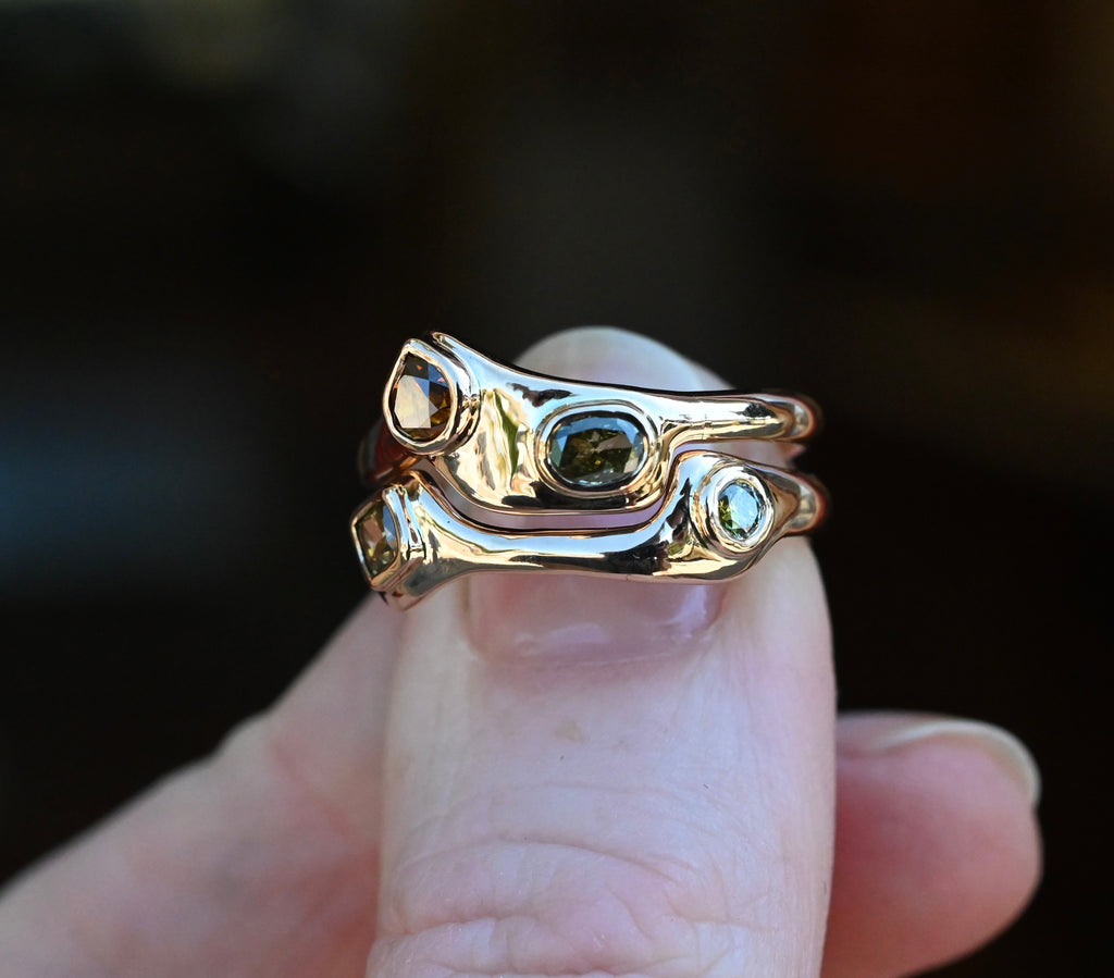 14k Gold Natural Diamond Bezel Ring Set - size 6.75 - Ready to ship