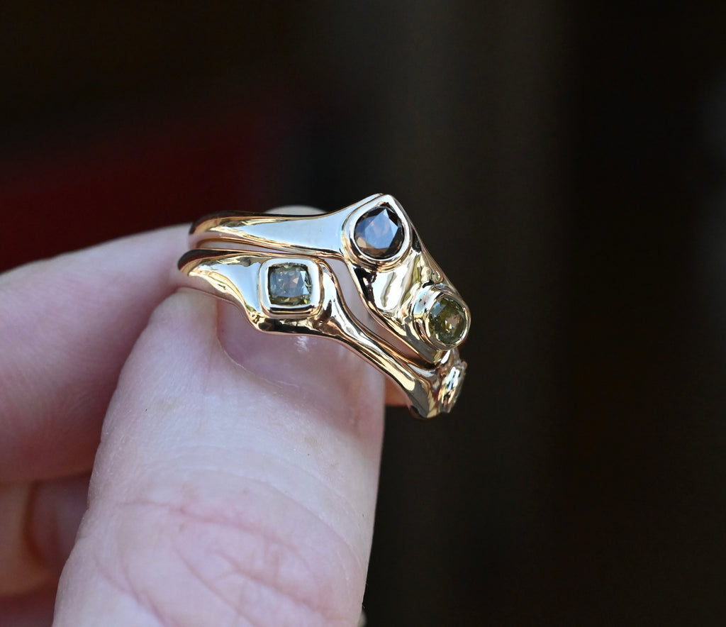 14k Gold Natural Diamond Bezel Ring Set - size 6.75 - Ready to ship