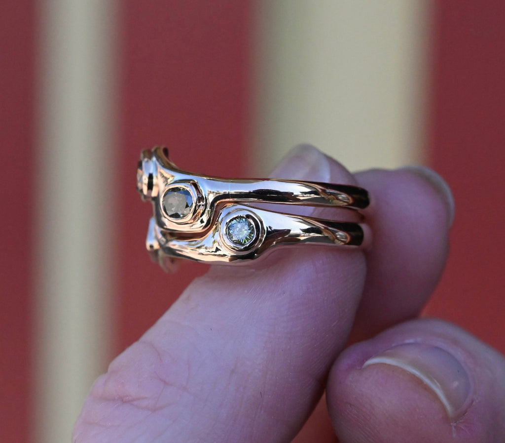 14k Gold Natural Diamond Bezel Ring Set - size 6.75 - Ready to ship