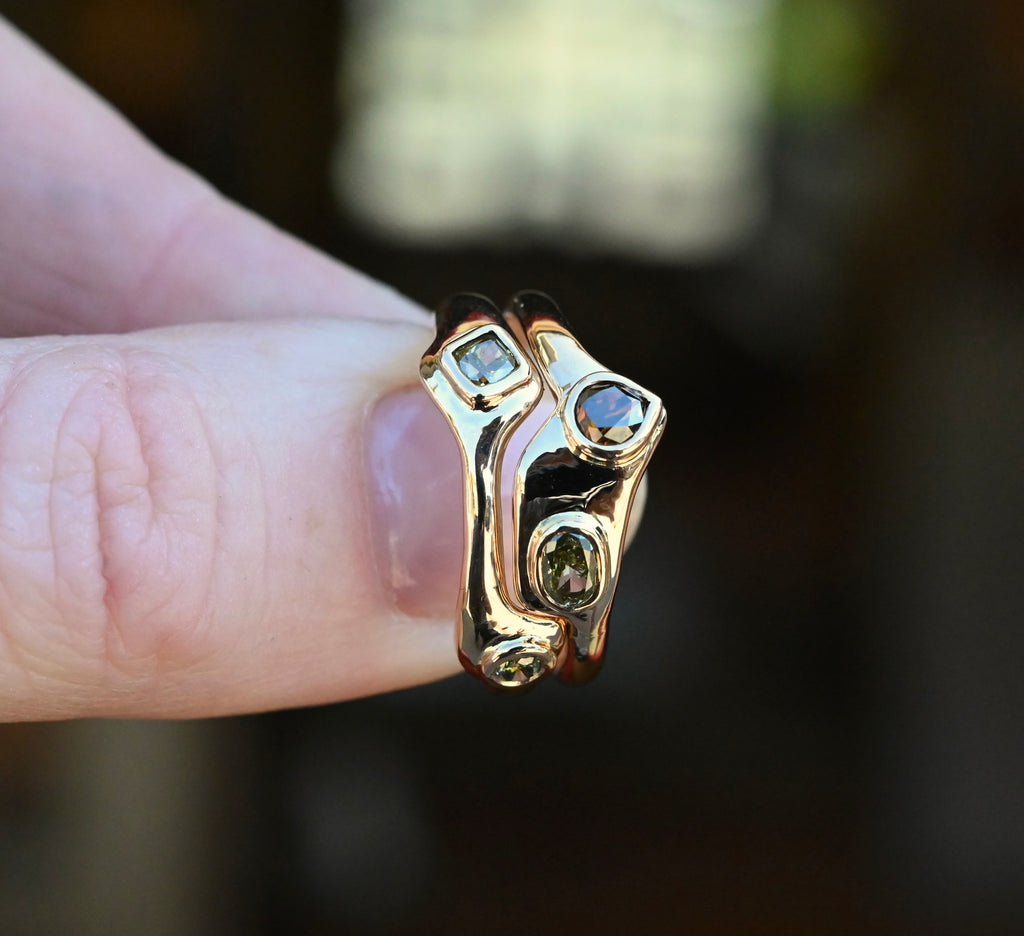 14k Gold Natural Diamond Bezel Ring Set - size 6.75 - Ready to ship