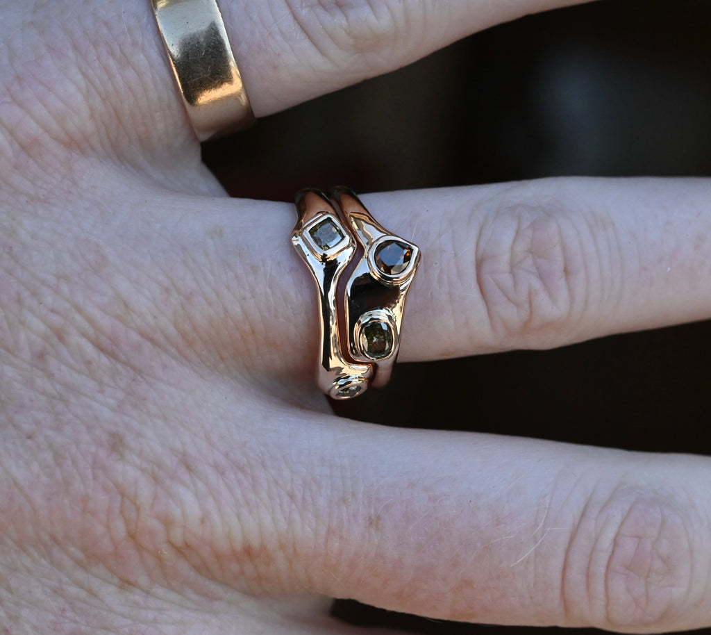 14k Gold Natural Diamond Bezel Ring Set - size 6.75 - Ready to ship