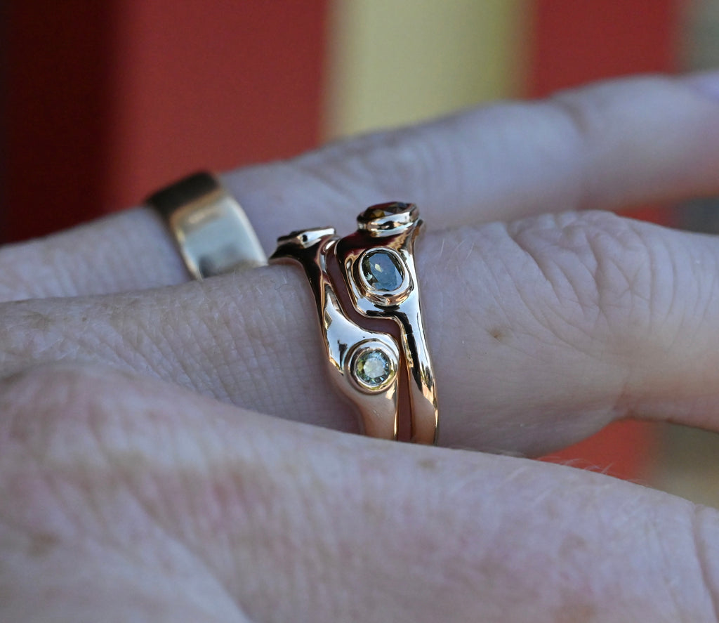 14k Gold Natural Diamond Bezel Ring Set - size 6.75 - Ready to ship