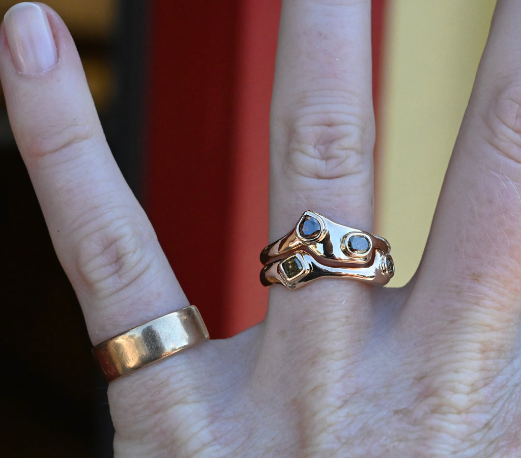 14k Gold Natural Diamond Bezel Ring Set - size 6.75 - Ready to ship