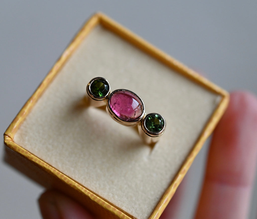 14k Gold Column Triple Gemstone Ring Setting - Made To Order