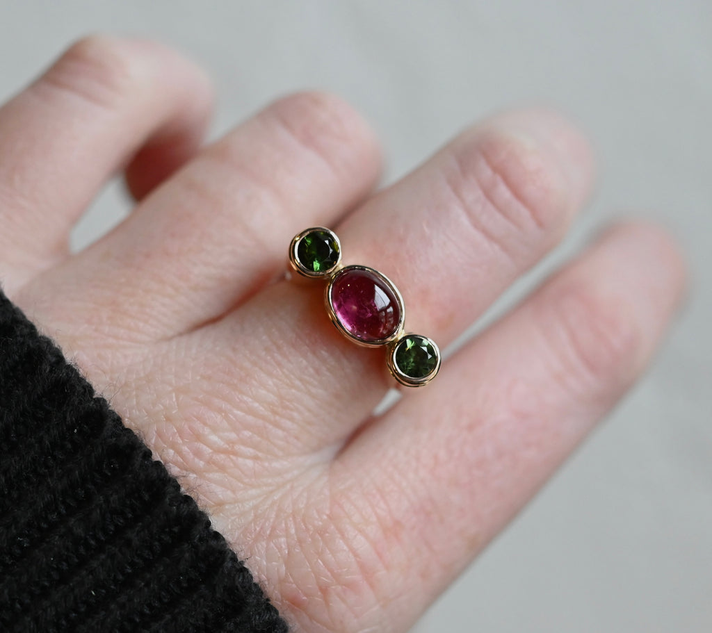 14k Gold Column Triple Gemstone Ring Setting - Made To Order