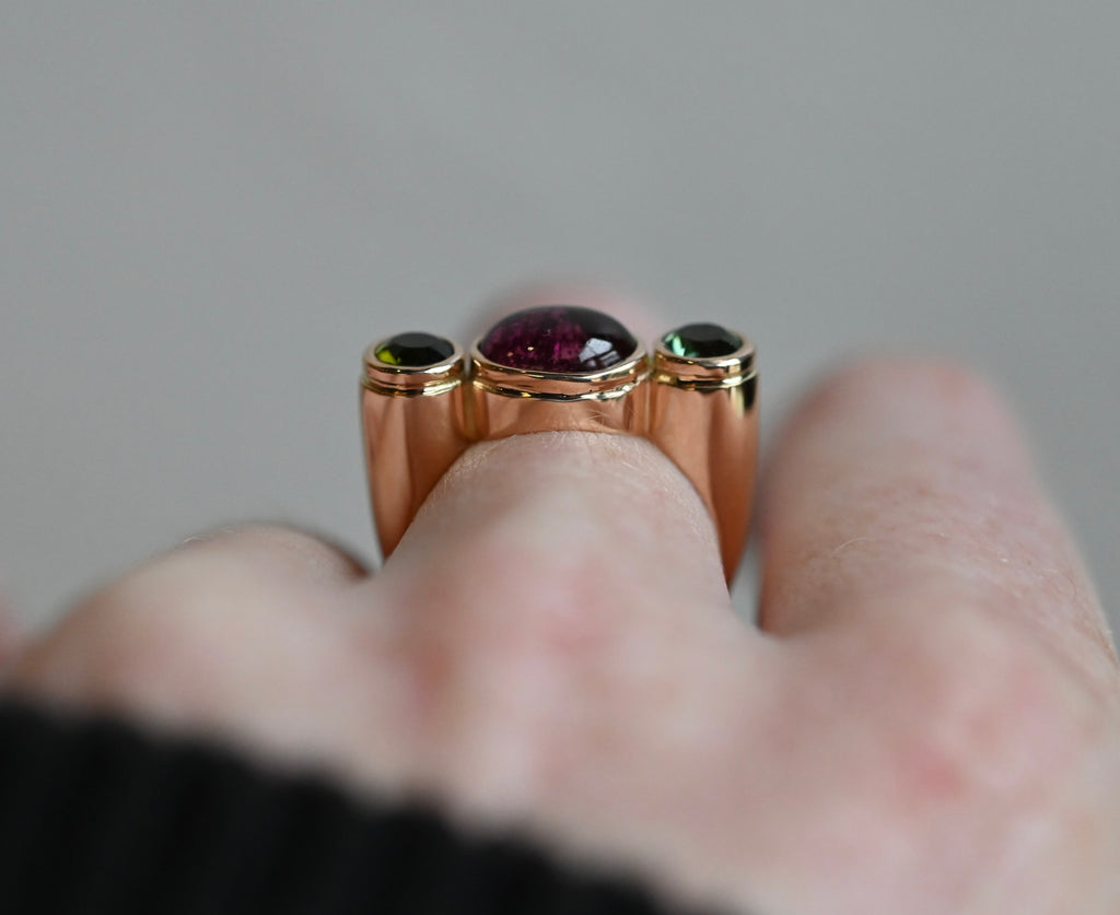 14k Gold Column Triple Gemstone Ring Setting - Made To Order