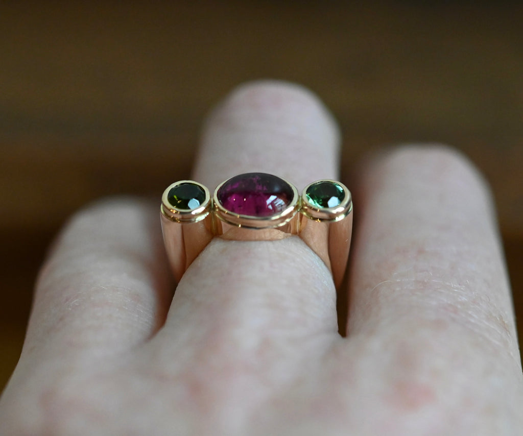 14k Gold Column Triple Gemstone Ring Setting - Made To Order