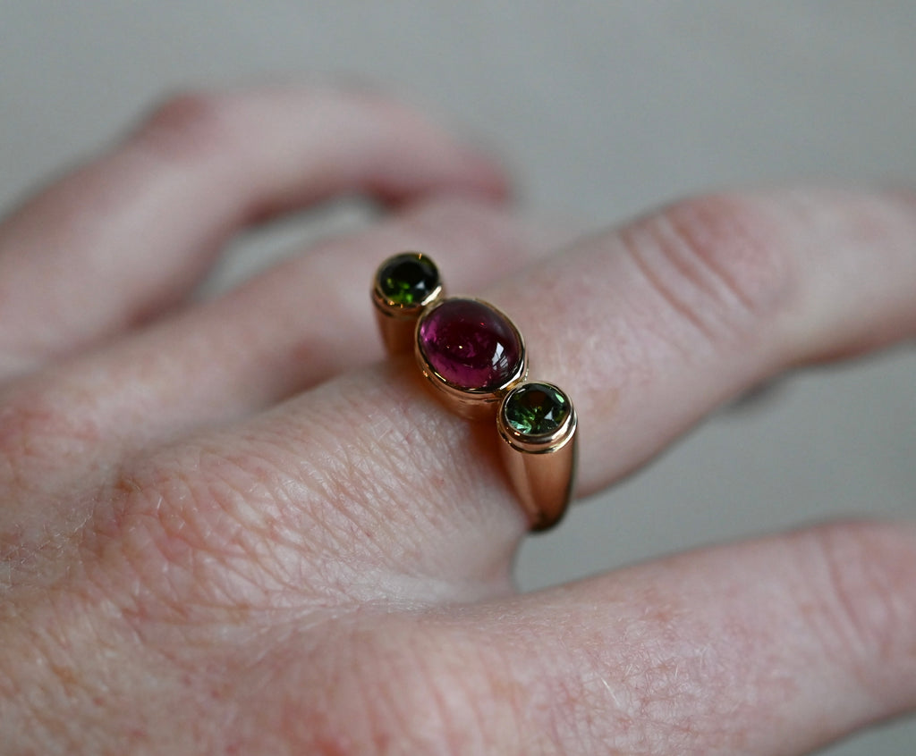 14k Gold Column Triple Gemstone Ring Setting - Made To Order