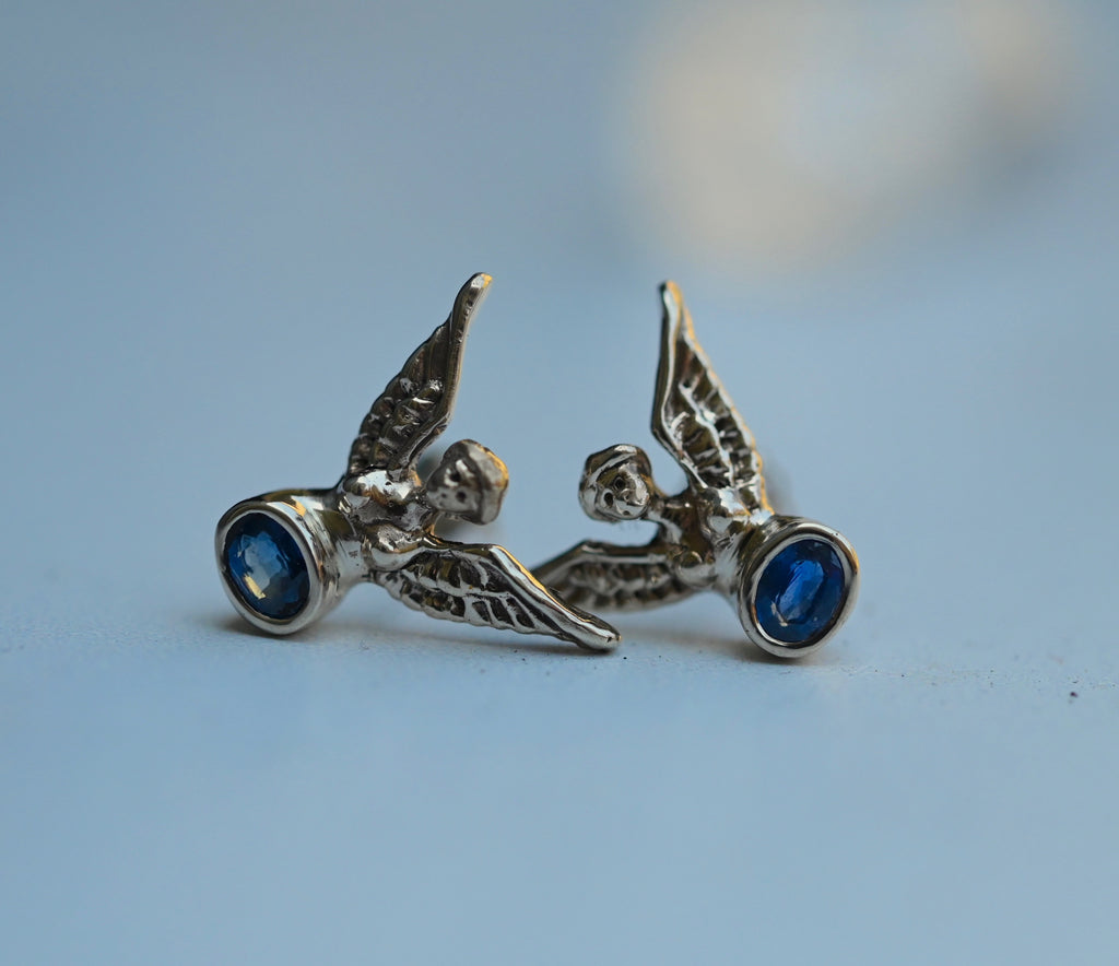 14k White Gold & Sapphire Harpy Studs - Made to Order Latta