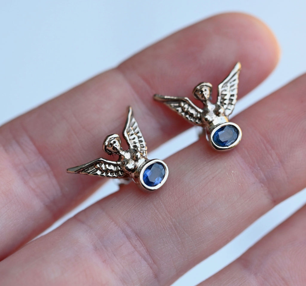 14k White Gold & Sapphire Harpy Studs - Made to Order Latta