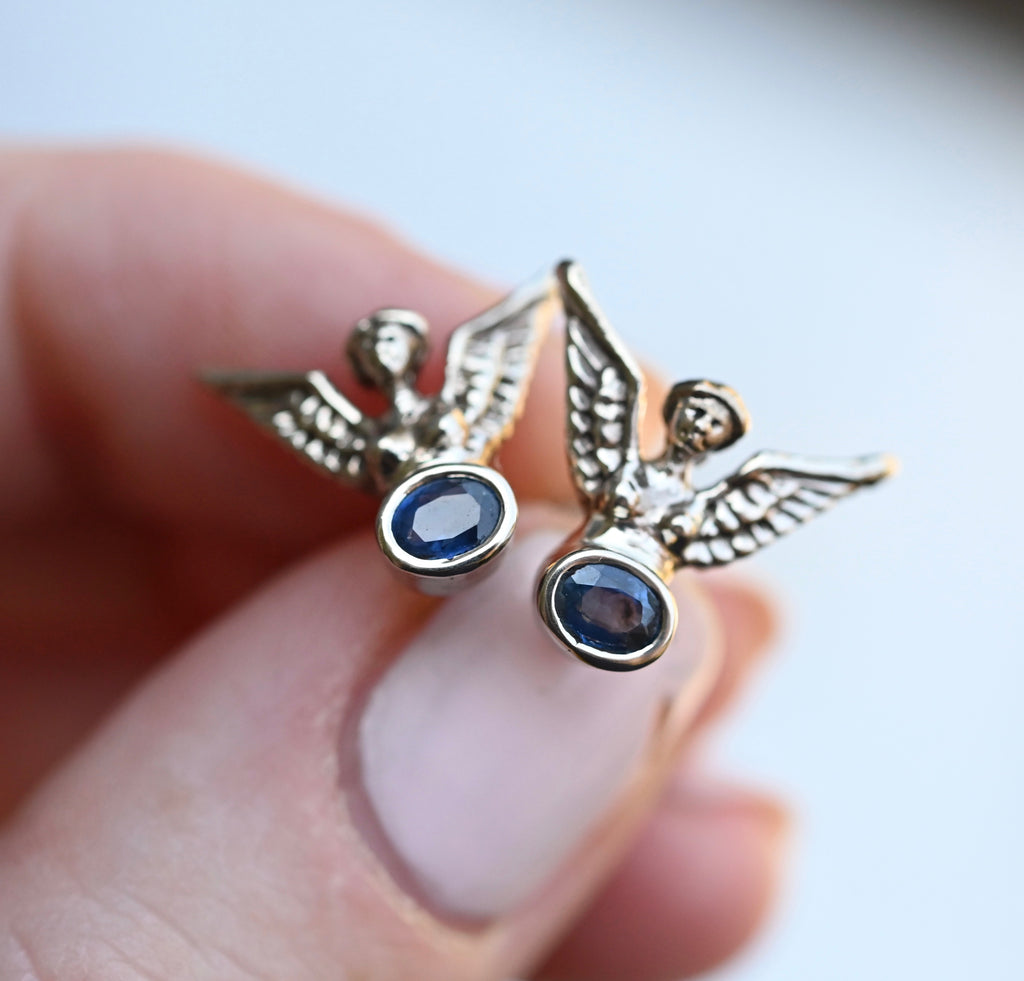 14k White Gold & Sapphire Harpy Studs - Made to Order Latta