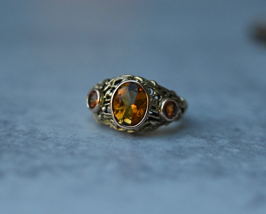 Domed Floral Citrine & Sapphire 14k Gold Ring - Made To Order Latta