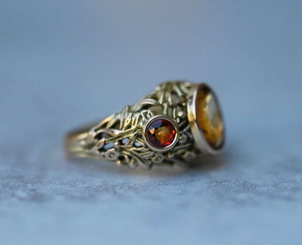 Domed Floral Citrine & Sapphire 14k Gold Ring - Made To Order Latta