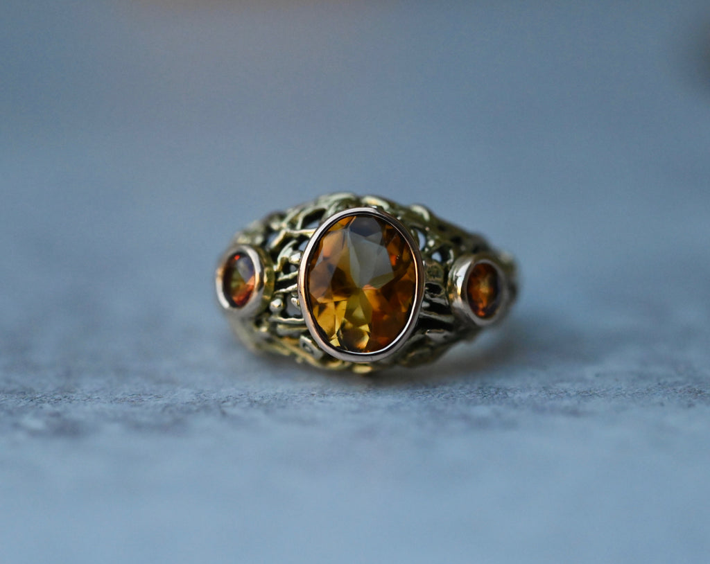 Domed Floral Citrine & Sapphire 14k Gold Ring - Made To Order Latta