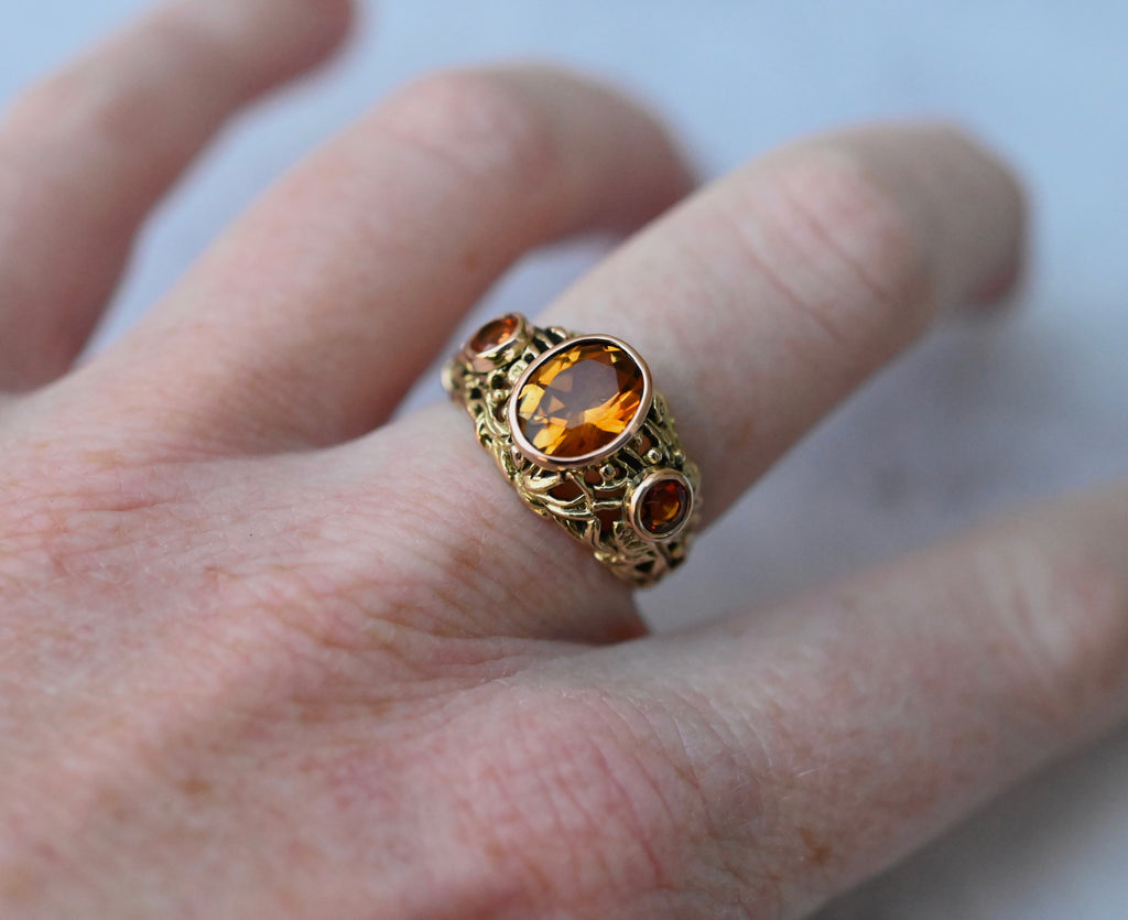 Domed Floral Citrine & Sapphire 14k Gold Ring - Made To Order Latta