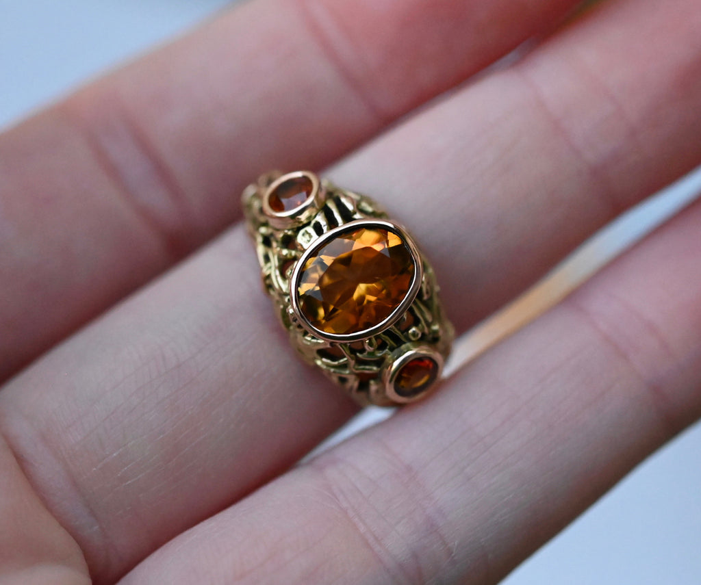 Domed Floral Citrine & Sapphire 14k Gold Ring - Made To Order Latta