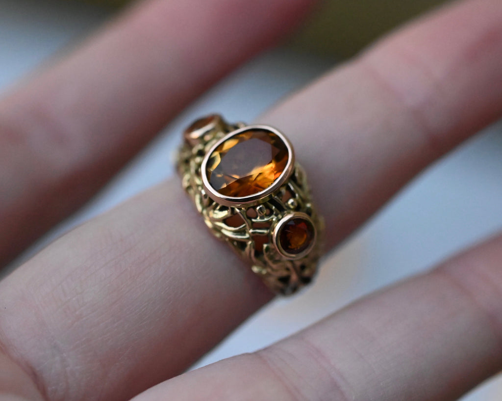 Domed Floral Citrine & Sapphire 14k Gold Ring - Made To Order Latta