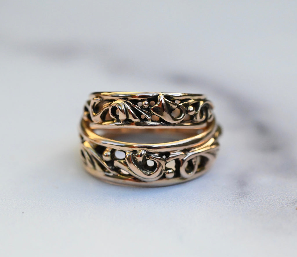 Large Scroll 14k Gold Ring Band- Made to Order Latta