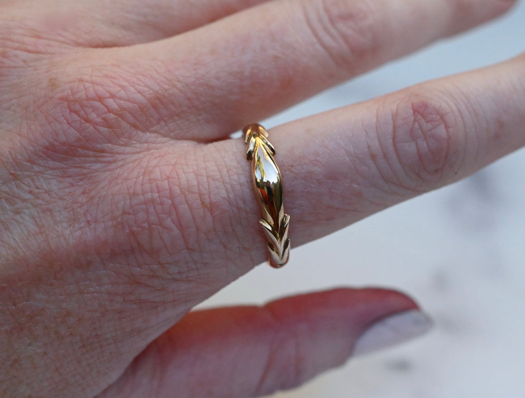 14k Gold Symmetrical Leaf Ring Band - Made to Order Latta Jewelry