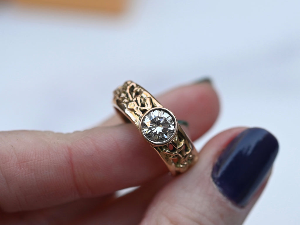 14k Gold Floral Band & One Carat Diamond Customizable Ring - Made To Order Latta