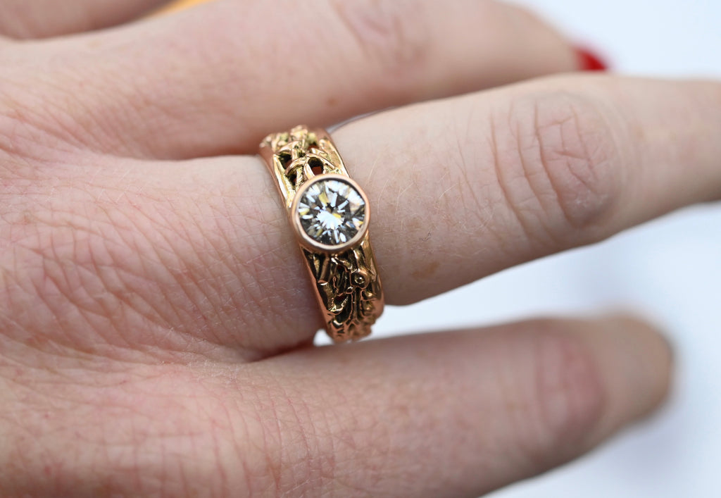 14k Gold Floral Band & One Carat Diamond Customizable Ring - Made To Order Latta