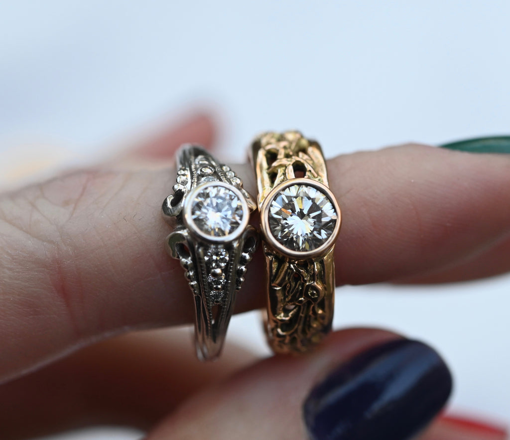 14k Gold Floral Band & One Carat Diamond Customizable Ring - Made To Order Latta