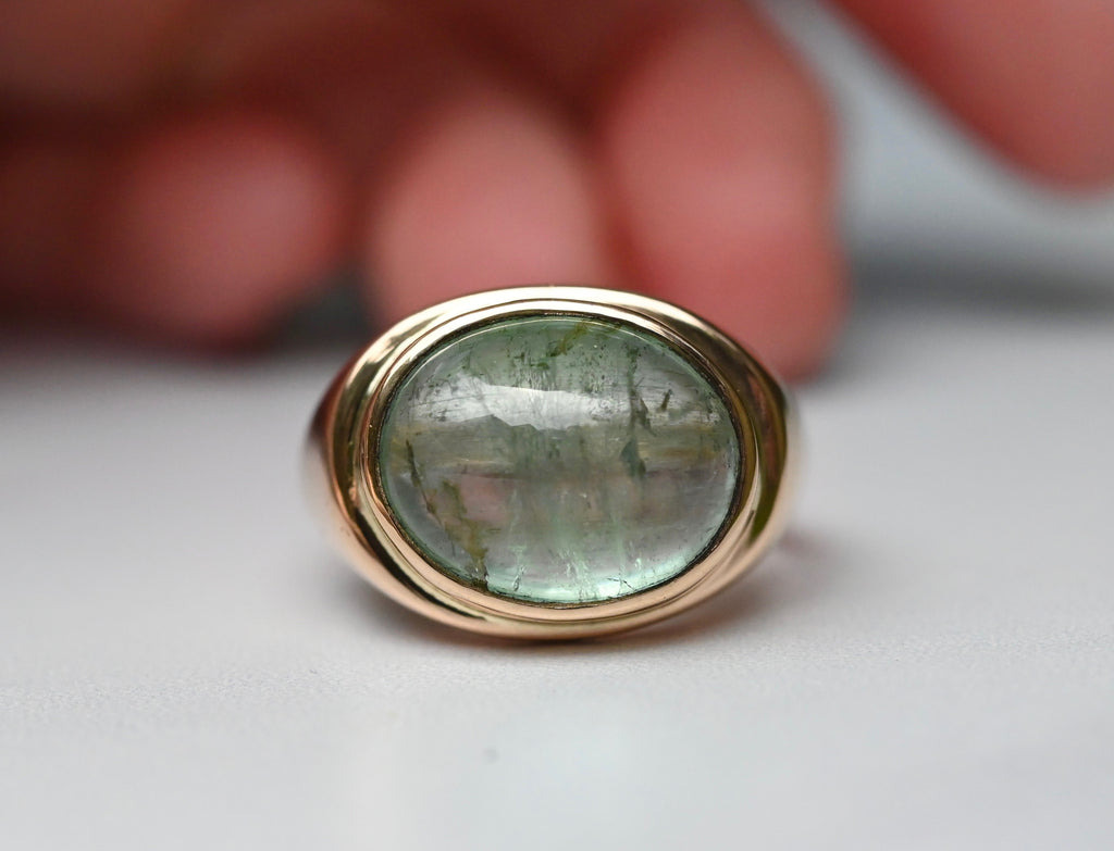  Green Tourmaline 14k Gold Signet Ring - size 7.5