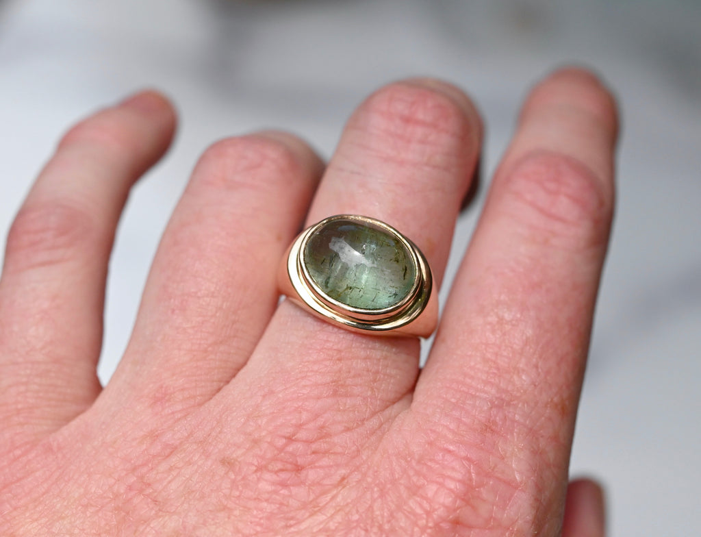  Green Tourmaline 14k Gold Signet Ring - size 7.5