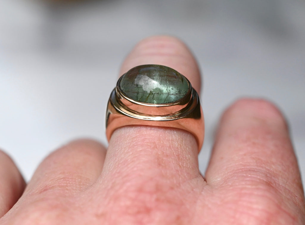  Green Tourmaline 14k Gold Signet Ring - size 7.5