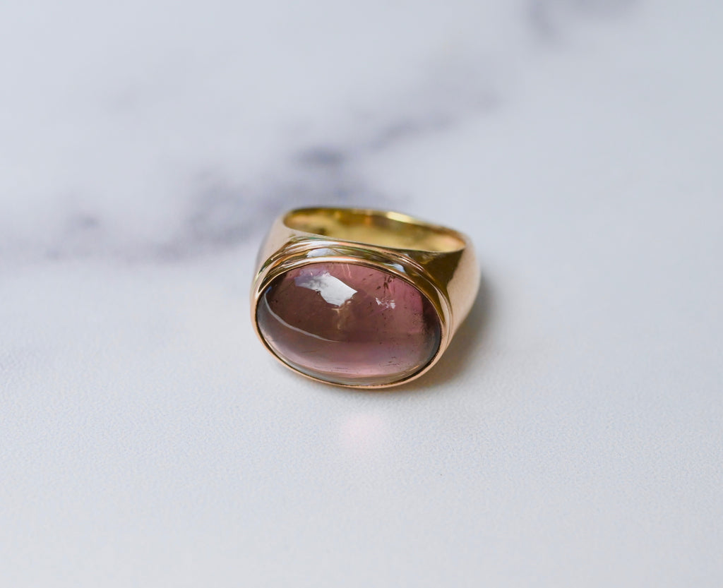  Pink Tourmaline 14k Gold Signet Ring - size 6.75