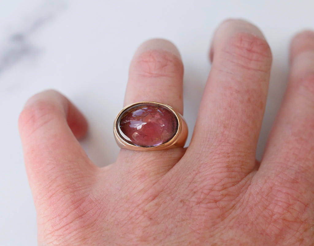  Pink Tourmaline 14k Gold Signet Ring - size 6.75