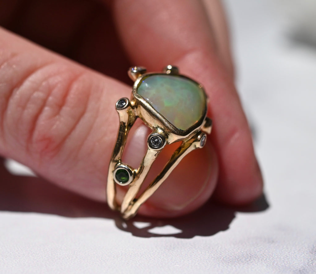  Freeform Honeycomb Opal, Diamond & Tsavorite Garnet Ring - size 7