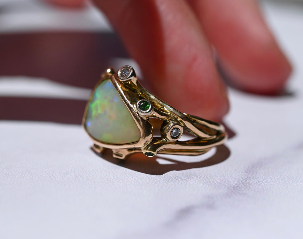  Freeform Honeycomb Opal, Diamond & Tsavorite Garnet Ring - size 7