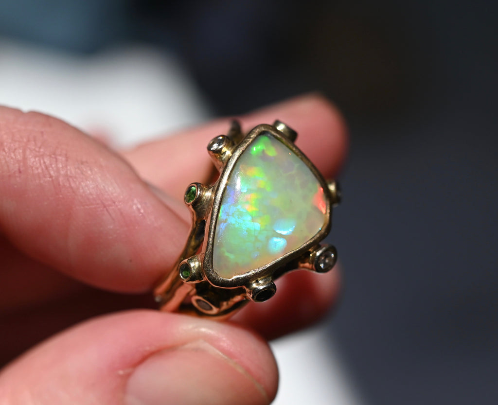  Freeform Honeycomb Opal, Diamond & Tsavorite Garnet Ring - size 7