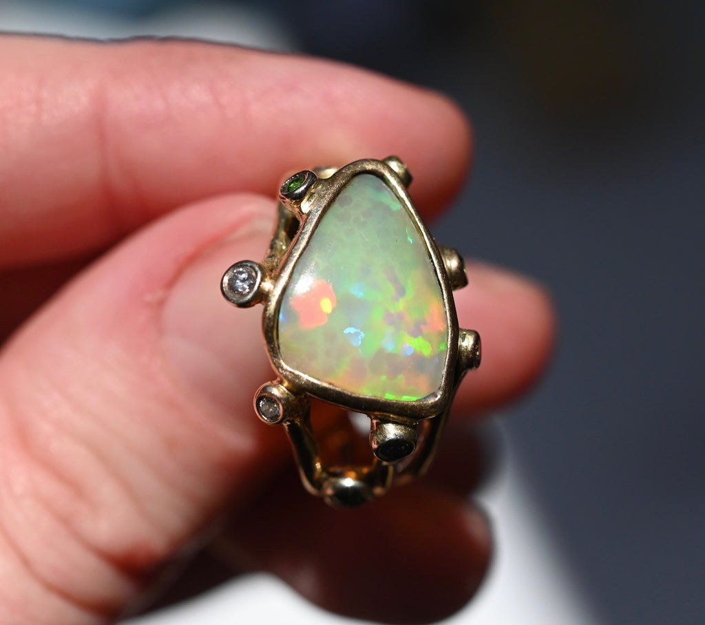  Freeform Honeycomb Opal, Diamond & Tsavorite Garnet Ring - size 7