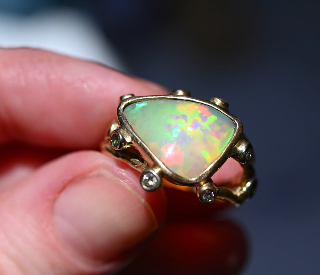  Freeform Honeycomb Opal, Diamond & Tsavorite Garnet Ring - size 7